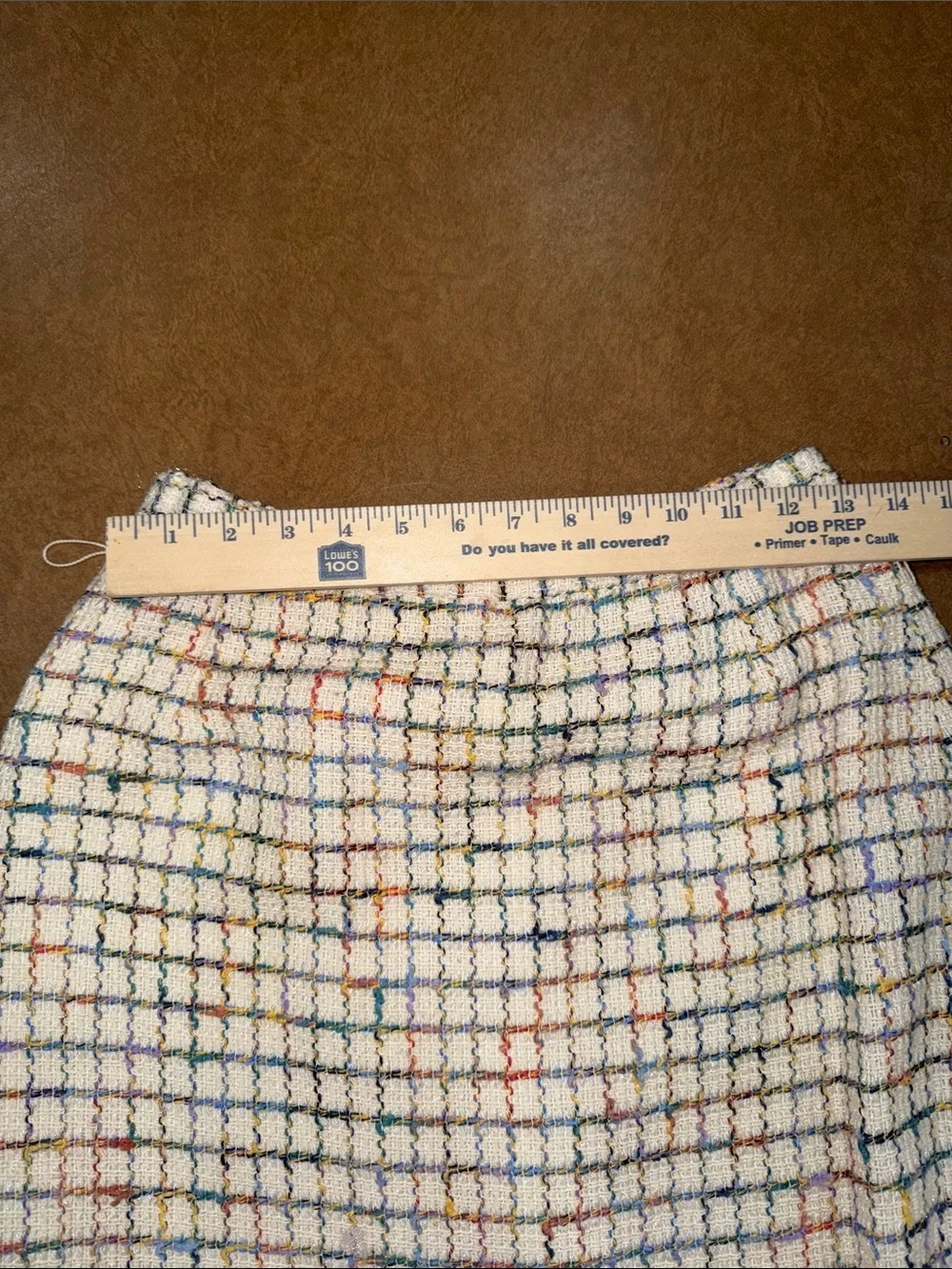 Henry Lee Ivory Tweed Two-Piece Skirt Suit Set with Multicolor Grid & Belt •10